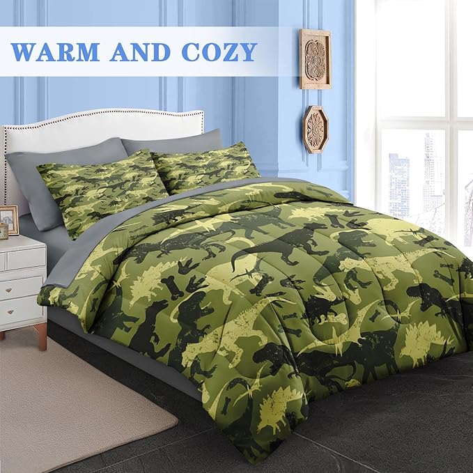 Comforter Set Full Size, Camouflage Dino Dinosaur 7 Pcs Bedding for Kids and Adults, Cute Funny Green Bed Sheet Sets with Fitted Sheet 2 Pillowcases & 2 Shams for Bedroom Bed Decor