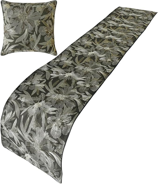 The HomeCentric King/Queen/Twin Grey Decorative Bed Runner Full 68"x18" Bed Runner with Two Pillow Cover, Embroidery, Floral, Pearl Bed Scarf on Jacquard Fabric - Liana