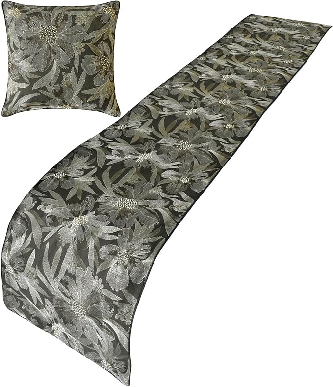 The HomeCentric King/Queen/Twin Grey Decorative Bed Runner Twin 53"x18" Bed Runner with One Pillow Cover, Embroidery, Floral, Pearl Bed Scarf on Jacquard Fabric - Liana