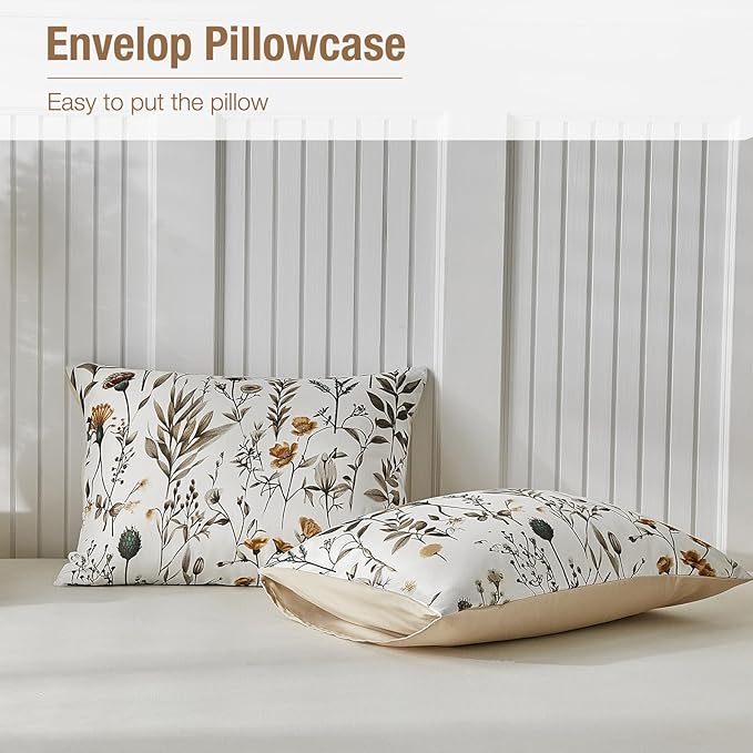 Lekesky Queen Size Duvet Cover Set, Lightweight Soft Microfiber Comforter Cover, Reversible Duvet Cover Queen with Branch Pattern, 3 Pieces Khaki Bedding Set with Zipper and 2 Pillowcases