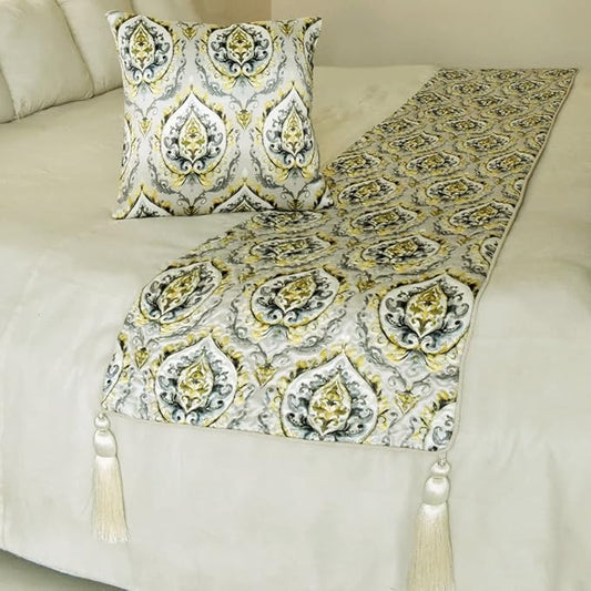 The HomeCentric King/Queen/Twin Grey & Yellow Designer Twin 53"x18" Bed Runner Without Pillow Cover, Quilted, Damask & Tassels Bed Scarf on Jacquard Fabric - Flamey Damask