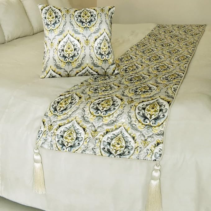 The HomeCentric King/Queen/Twin Grey & Yellow Designer Queen 74"x18" Bed Runner with Pillow Cover, Quilted, Damask & Tassels Bed Scarf on Jacquard Fabric - Flamey Damask
