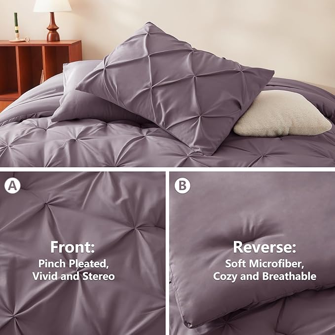 Queen Comforter Set Dusty Purple, 7 Pieces Pintuck Bed in A Bag Queen Size Bedding, Soft Bed Set All Season Pinch Pleat Comforter Set with Sheets, Pillowcases & Shams