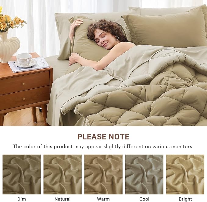 MUXHOMO 5 Pieces Twin XL Comforter Set, Reversible Bed in a Bag Twin XL Size, All Season Bedding Set with Comforter, Flat Sheet, Fitted Sheet, Pillowcases & Shams, Khaki & Linen