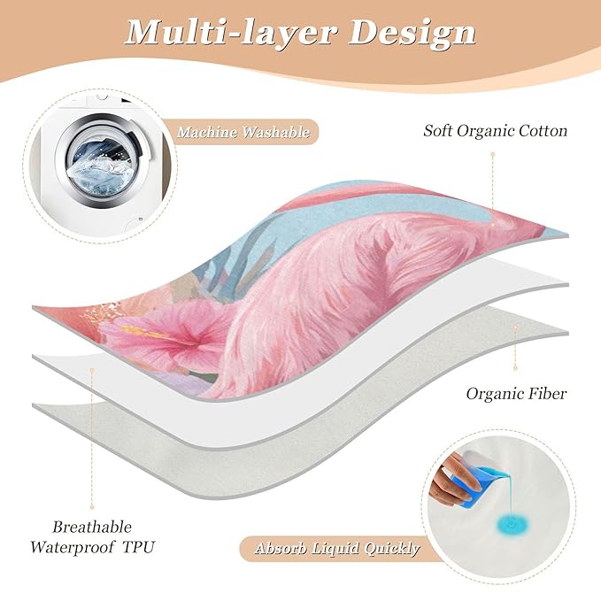 Waterproof Bed Pad Reusable Changing Pad Toddler Mattress Protector Large Pee Pad Baby Diaper Pad Soft Washable Liner Sky Blue Flamingo Flower