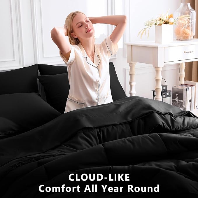 CozyLux Full Size Comforter Sets Black, 7 Pieces Bed in a Bag, Black Comforter Full Size, All Season Bedding Sets with Stitch Quilted Comforter, Flat Sheet, Fitted Sheet, Pillowcases (Pack of 2)