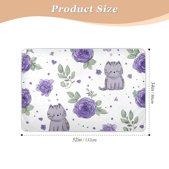 Waterproof Bed Pad Reusable Changing Pad Toddler Mattress Protector Large Pee Pad Baby Diaper Pad Soft Washable Liner Purple Roses and Cute Cats