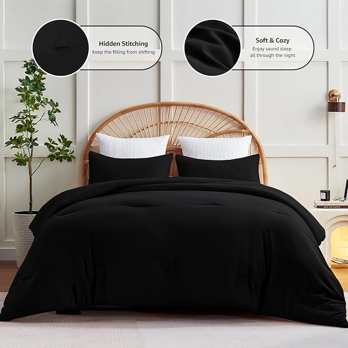 CozyLux Black Comforter Set Twin/Twin XL Size, 2 Pieces Twin Extra Long Solid Breathable Quilted Bedding Sets, Luxury Fluffy Soft Bed Set with Down Alternative Comforter and 1 Pillowcase All Season