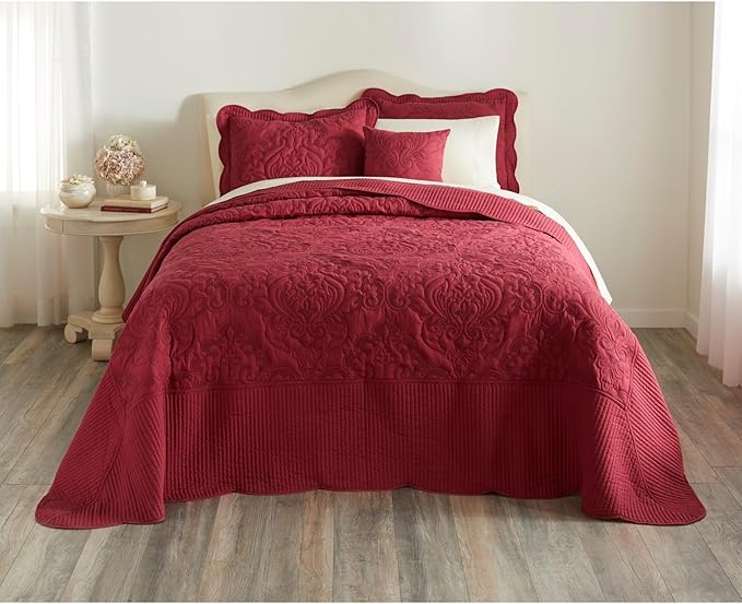 BrylaneHome Bedding Lightweight All Season Modern Amelia Quilted Damask Oversized Ultra Soft Bedspread - King, Berry
