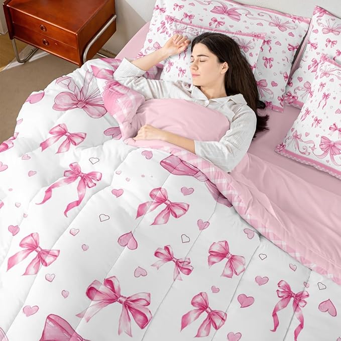 Feelyou Pink Bowknot Comforter Set with Sheets 7 Piece Twin Size Dreamy Princess Bed in a Bag Kids Boys Girls Cute Bow Bedding Set Love Hearts Bedroom Decor Breathable Soft Lightweight Microfiber