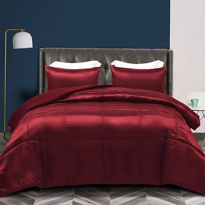 Whale Flotilla 2-Piece Reversible Silky Soft Twin Size Comforter Bedding Set, Luxurious Satin Comforters with Satin Pillowcase, Lightweight Duvet for All Seasons, Red