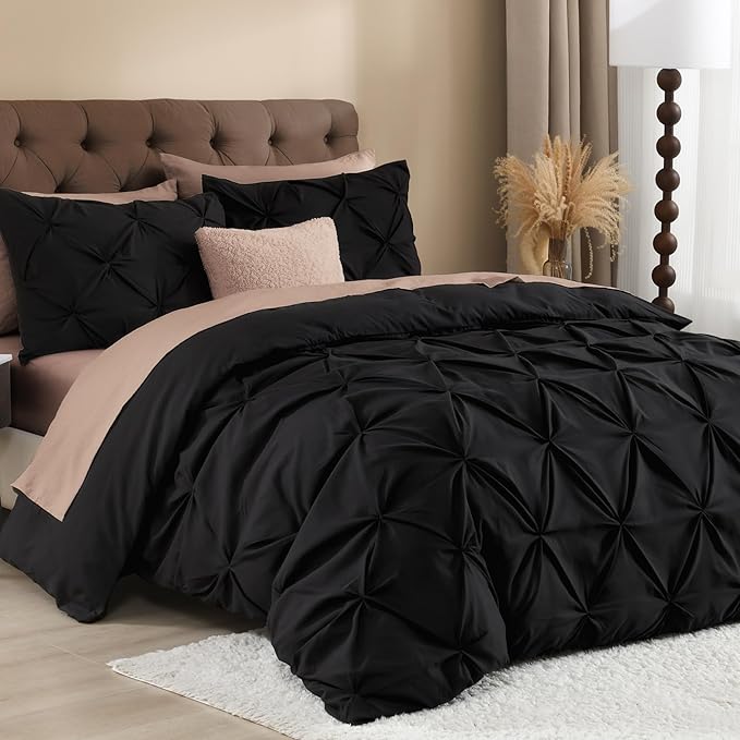 Litanika Black Pinch Pleat Duvet Cover Full (79x90Inch), 3-Piece Luxurious Pintuck Bedding Set, Soft Microfiber with Zipper Closure & Corner Ties