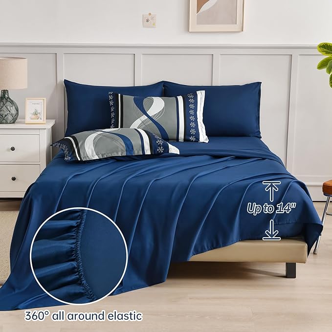 Anibedding Comforter Set King Size,8 Pieces Navy Blue Boho Bed in a Bag Patchwork Striped Comforter Set, Soft Microfiber Bedding Set for All Season(104"×90")