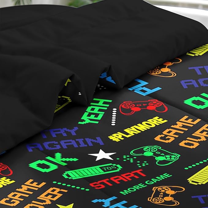 Comforter Set Full Size, Retro Computer Gamepad 7 Pcs Bedding for Kids and Adults, Cartoon Video Game Bed Sheet Sets with Fitted Sheet 2 Pillowcases & 2 Shams for Bedroom Bed Decor