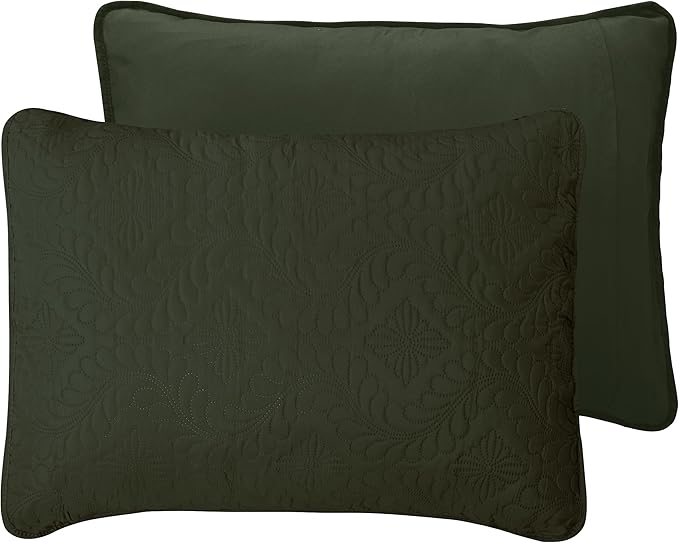 Easy-Going Full/Queen Size Reversible Quilt Set with 1 Quilt and 2 Pillow Shams, Soft Bed Quilt Cover, Water Resistant Lightweight Microfiber Bedspread, Stain Resistant, Olive Leaf-Army Green/Beige