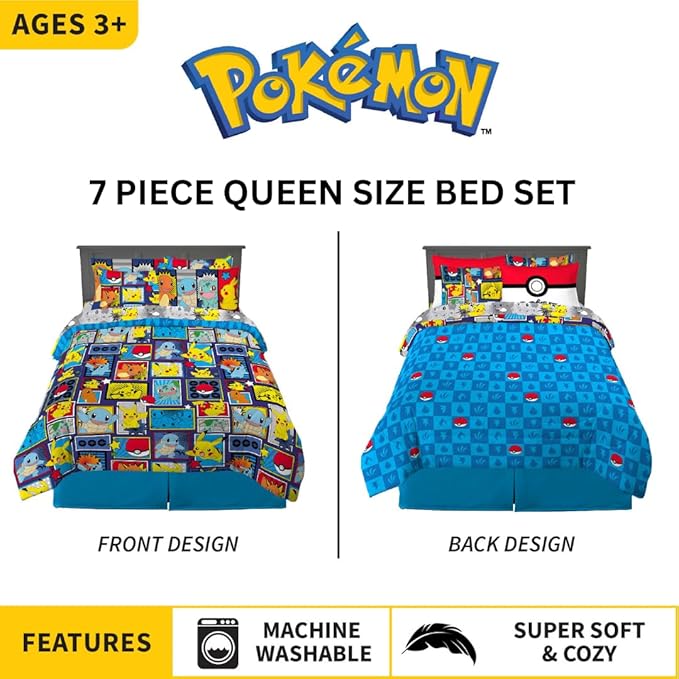 Franco Pokemon Bedding Super Soft Comforter and Sheet Set with Sham, 7 Piece Queen Size, (Official Licensed Product)