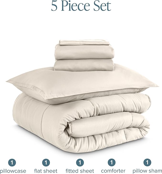 Bare Home Bed-in-A-Bag 5 Piece Comforter & Sheet Set - Twin - Goose Down Alternative - Ultra-Soft 1800 Premium Bed Set (Twin, Sand/Sand)