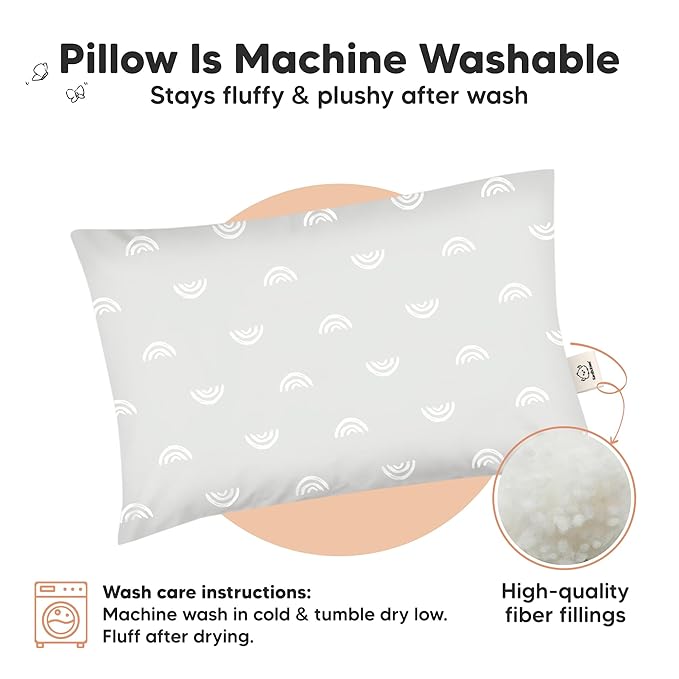 KeaBabies 1-Pack Toddler Pillows 2 Year Old to 5-13x18 Soft Organic Cotton Kids Pillow for Sleeping, Travel, School, Daycare, Nap, Toddler Bed, Machine Washable, Without Pillowcase (Gray Rainbow)