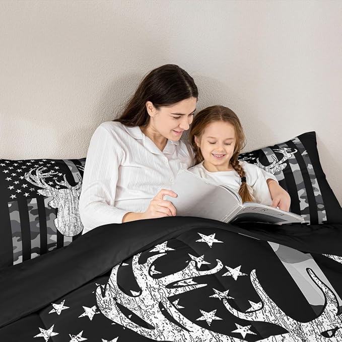 American Flag Bedding Set Deer Camo Comforter Set King for Kids Boys Teen Man,Western Rustic Black Grey Military Camouflage Bedding Comforters Hunting Deer Antlers Quilt Duvet for All Season 3 Pcs
