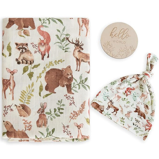 LifeTree Muslin Swaddle Blankets, Muslin Baby Boy Swaddle Blanket and Hat Set with Birth Announcement Card, Newborn Unisex Receiving Blankets Woodland Forest Animals