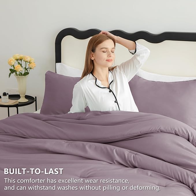 CozyLux Queen Comforter Set Dusty Purple, 3 Pieces Solid Breathable Quilted Style Bedding Sets, Luxury Fluffy Soft Bed Set with Down Alternative Comforter for All Season (1 Comforter & 2 Pillowcases)