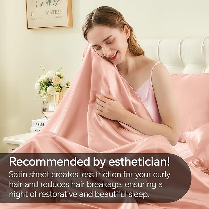 BEDELITE Satin Sheets Twin Size Bed Set, Luxury Soft Coral Pink Silky Sheets for Hair and Skin, Similar to Silk Bed Sheets Set 3 Pieces with 1 Deep Pocket Fitted Sheet, 1 Flat Sheet, and 1 Pillowcase