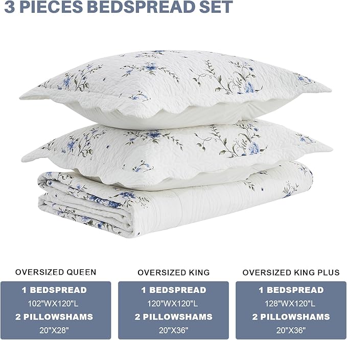 Floral Bedspreads King Size Extra Large, 120x120 Oversized Quilt Bedspread Coverlet, 100% Cotton Blue and White Bedding Set with Shams, Lightweight Soft Quilted Thin Comforter, 3 Piece