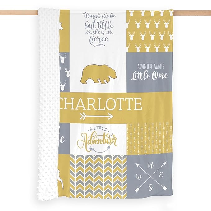 Personalized Baby Blanket for Girls Super Soft Double Layer with Dotted Backing, Lovely Woodland Animal Design Blanket for Toddler Newborn, Polyester, Honey, 35 x 45 Inch