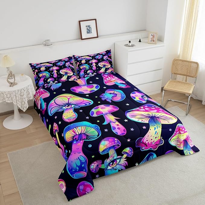 Mushroom Comforter Set Full,Kawaii Trippy Botanical Bedding Set Psychedelic Plant Down Comforter For Kids Girls Teens Women Cartoon Cute Mushroom Room Decor Quilt Duvet Set With 2 Pillow Cases Black