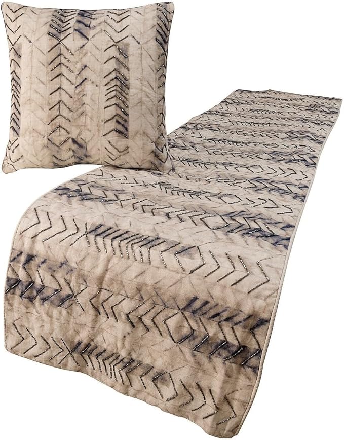 The HomeCentric King Queen Twin Grey Designer Twin 53"x18" Bed Runner with Pillow Cover, Tie & Dye Beaded Bed Scarf on Cotton Fabric - Tie Dye Chevy