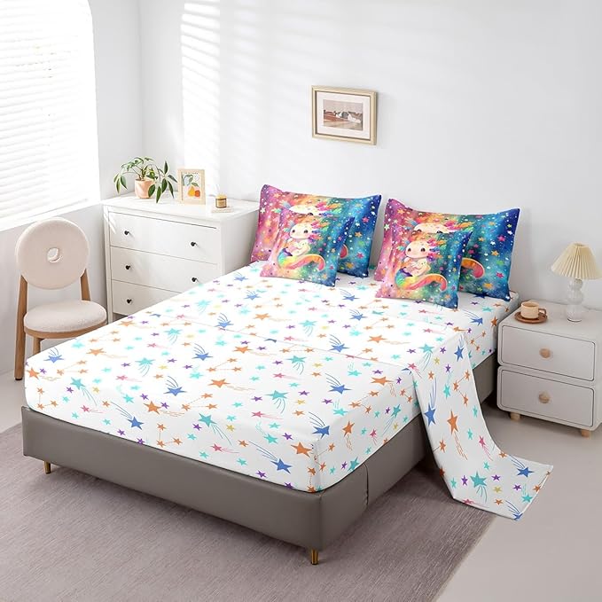 Feelyou Kids Cute Axolotl 7 Pieces Bedding Set King Size, Cartoon Animal Bed in A Bag Boys Girls Kawaii Ocean Sealife Comforter Set with Sheets Rainbow Teens Bed Set Bedroom Decor 7Pcs