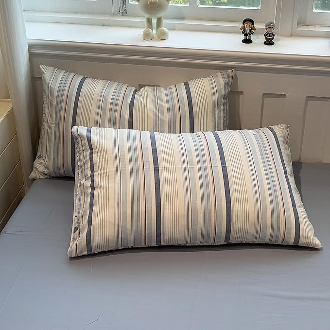 mixinni Vintage Blue and White Striped Duvet Cover Set King - 100% Washed Cotton 3 Piece Bedding Set with Geometric Pattern, Soft Breathable Comforter Cover with Zipper Closure & Corner Ties