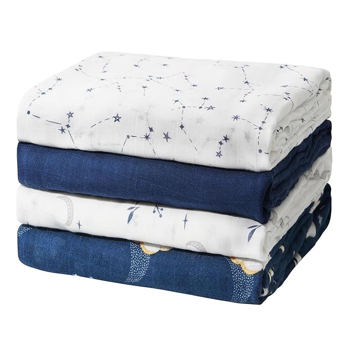 Momcozy Muslin Swaddle Blankets, Ultra Soft Neutral Swaddle Blanket, Breathable Large 47'' x 47'' Baby Infant Newborn Boys Girls Swaddling Receiving Blanket Wraps, Midnight Star Clouds