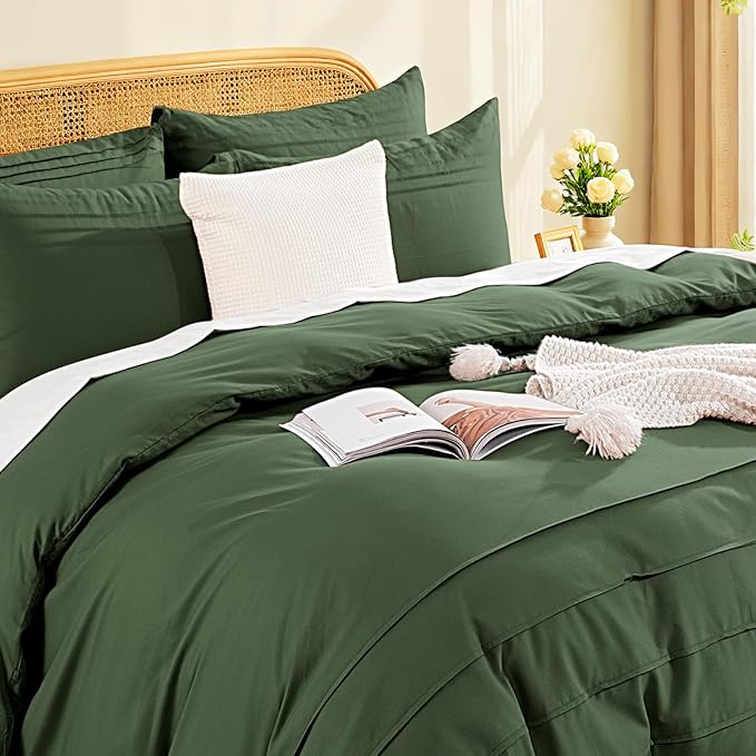 NEXHOME PRO 100% Washed Cotton Duvet Cover Twin,Linen Like Pleated Textured Olive Green Duvet Cover Set,2pc Organic Bedding Set with Zipper Closure,Soft,Lightweight Breathable(68"x90",No Comforter)