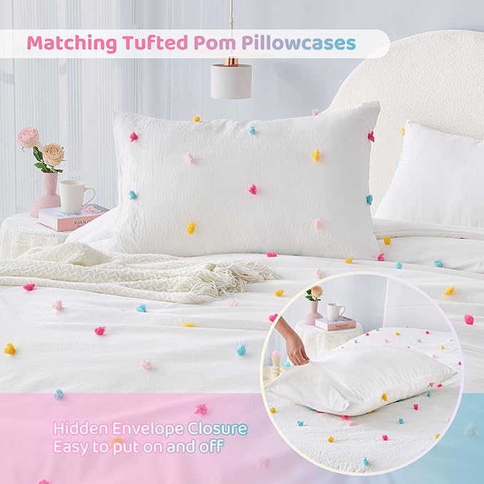 Full Size Kids Comforter Set Colorful Tufted Pom Pom Bedding Set for Girls 3 Piece White Boho Jacquard Quilt Bed in A Bag Lightweight Duvet Bed Set for Kids Teen Girls Bedroom Decor with 2 Pillowcase | Colorful Tufted Dots, Full Comforter Set, Kids Com...
