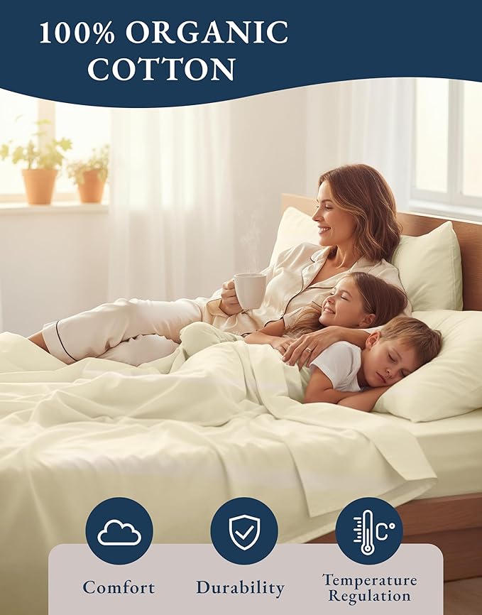 LANE LINEN 100% Organic Cotton Full Sheets Set, 4-Piece Pure Organic Cotton Percale Sheets, Long Staple Cotton Sheet, Ultra Soft Bedding Sheet, Breathable,Fits Mattress Upto 15" Deep - Natural
