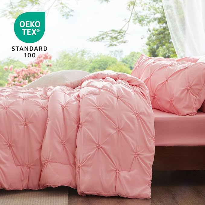 BEDELITE Pink Queen Comforter Set - 3 Pieces Boho Pintuck Bedding Comforter Sets, Lightweight Soft & Warm Bed Comforter with 2 Pillowcases for All Season,Valentines Day | Valentines Day, Multiple color, Modern Comforter, High Quality
