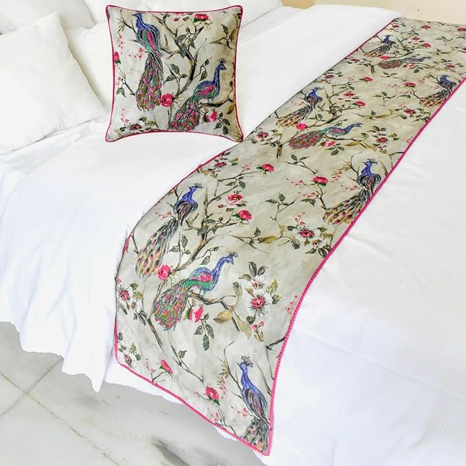 The HomeCentric King/Queen/Twin Pink & Purple Luxury Full 68"x18" Bed Runner Without Pillow Cover, Peacock, Beaded, Pom Pom Lace Bed Scarf on Cotton Fabric - Pavo Paradiso