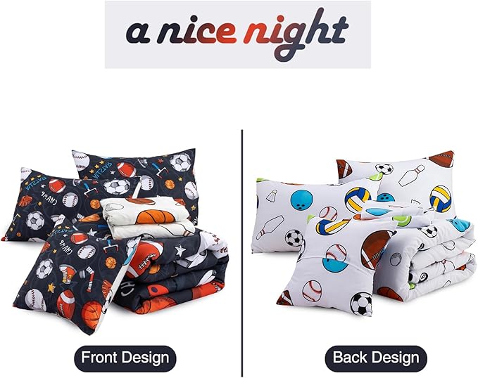 A Nice Night Boys Rugby Balls Comforter Set 6-Piece Bed-in-a-Bag with Sheet Set, Twin Size Polyester Bedding Collections for Kids, Durable & Easy Care, Sports Theme Design for Boys Bedroom