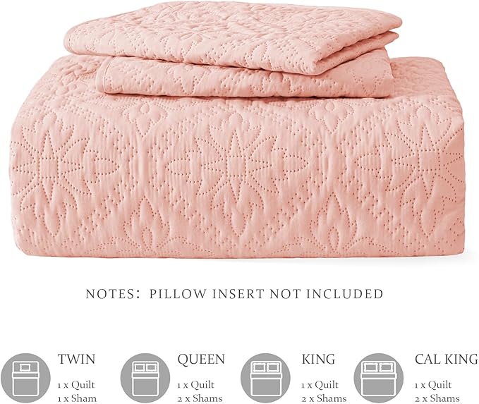 Exclusivo Mezcla Queen Quilt Bedding Set, Lightweight Soft Bedspreads Coverlets with 2 Pillow Shams, Modern Blush Pink Quilts Queen Full Size for All Seasons