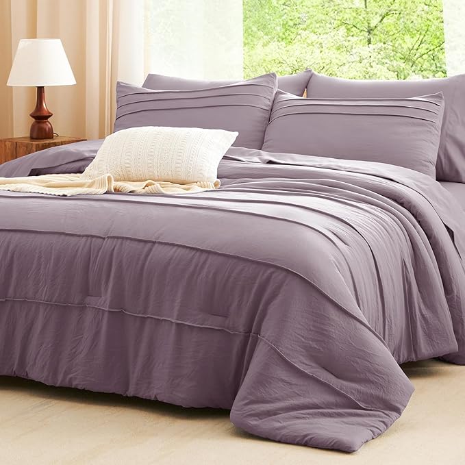 CozyLux Queen Comforter Set Dusty Purple, 7 Pieces Soft Pinch Pleat Bed in a Bag Queen Comforter Set with Sheets, Boho Bed Set with Down Alternative Comforter, Sheets, Pillowcases & Shams