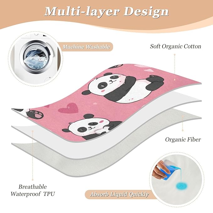 Waterproof Bed Pad Reusable Changing Pad Toddler Mattress Protector Large Pee Pad Baby Diaper Pad Soft Washable Liner Cute Pink Pandas and Hearts