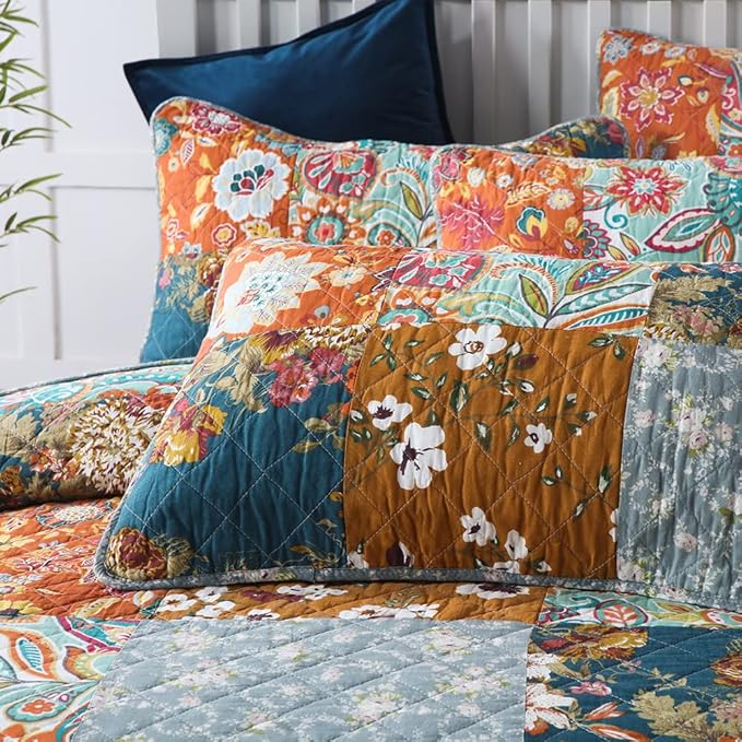 Autumn Dream Cotton Bedspread Quilt Sets Reversible Bedding Coverlet Sets Comforter, Vintage Floral Patchwork Red Blue Bedspread, King Size (Yellow Grey Floral Patchwork, King (96 by108 Inch)) | Breathable material, Reversible, Jacquard stitching, Soft...