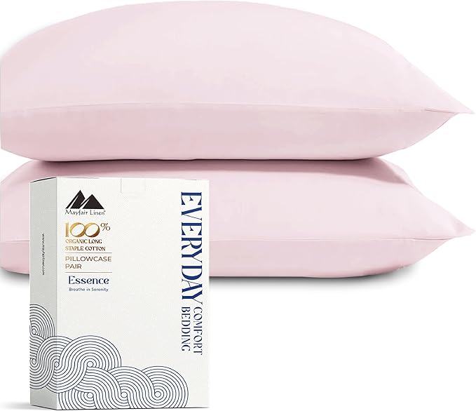 Mayfair Linen 100% Organic Cotton Percale Pillow Cases King Size Set of 2 - Cotton Percale Pillowcases King, Soft Cooling Pillow Cases for Sleeping, Cotton Pillow Covers for King Pillows - Blush