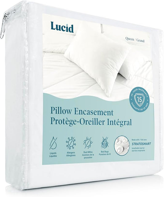 LUCID Zippered Pillow Encasement – Waterproof Standard Size Pillow Protector – Shields All Sides – Quiet cover – White
