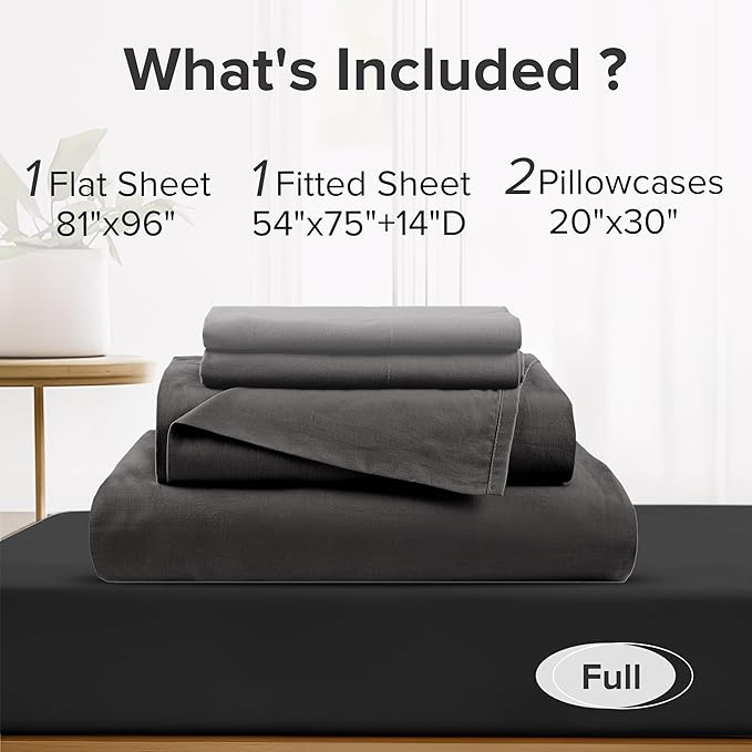 Comfort Spaces 100% Cotton Sheets Full, Breathable & Ultra Soft Cotton Sheets, Naturally Cool Cotton Bed Sheets with 14" Elastic Pocket Fits up to 16" Mattress, All Season Sheet Set, Black 4 Piece