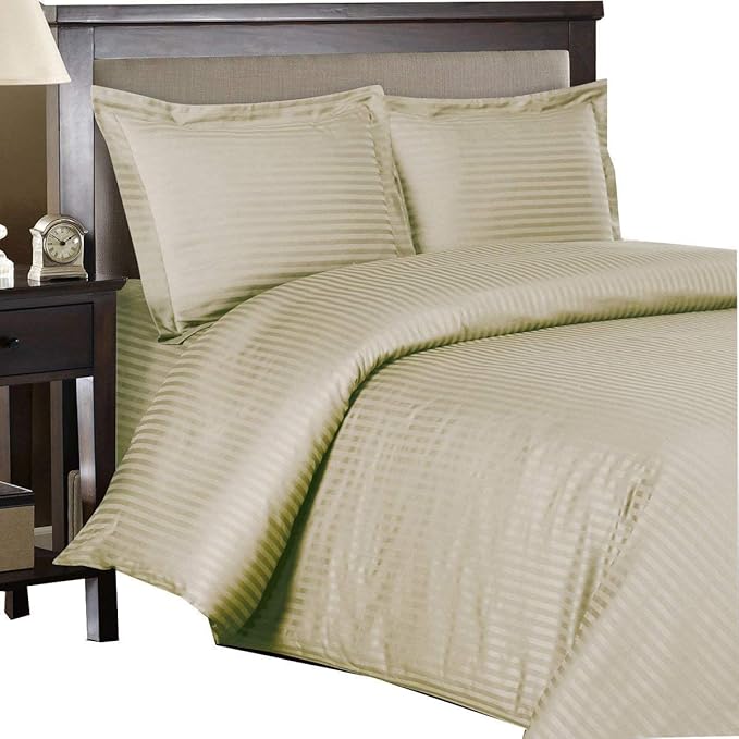Royal Hotel Bedding 8pc Queen Size Bed-in-a-Bag Striped Tan 600-Thread-Count Siberian Goose Down Alternative Comforter 100 Percent Cotton - Includes Sheets and Duvet Cover Sets