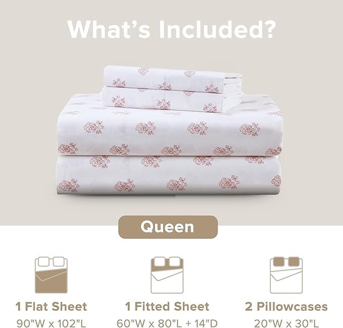 Comfort Spaces 100% Cotton Sheets Queen, Breathable, Naturally Cool Cotton Sheets, Soft Cotton Bed Sheets with 14" Elastic Pocket Fits up to 16" Mattress, All Seasons Sheet Set, Floral Pink 4 Piece