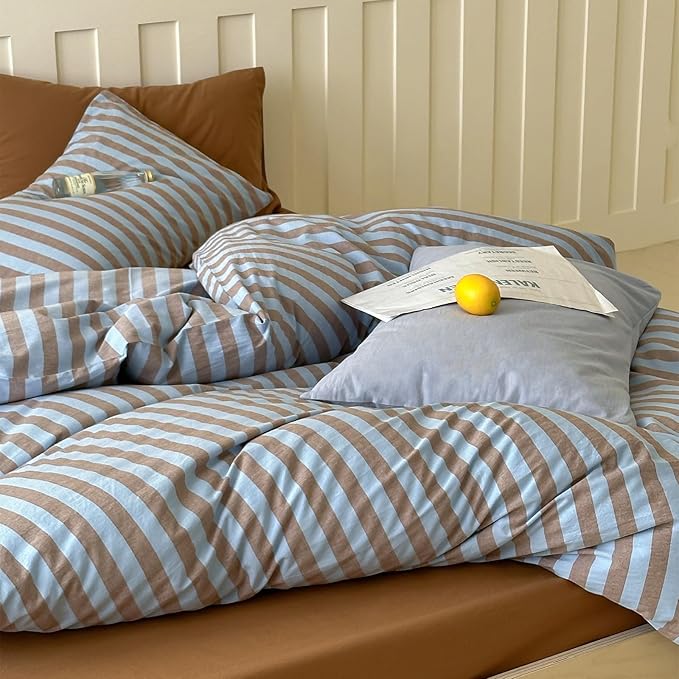 LifeTB Vintage Striped Comforter Set Full, 3 Pieces Blue Brown Stripes Pattern Printed Bedding Set, Fluffy Soft Lightweight Bedding Comforter Set, Farmhouse Striped Bed Comforter with 2 Pillowcases