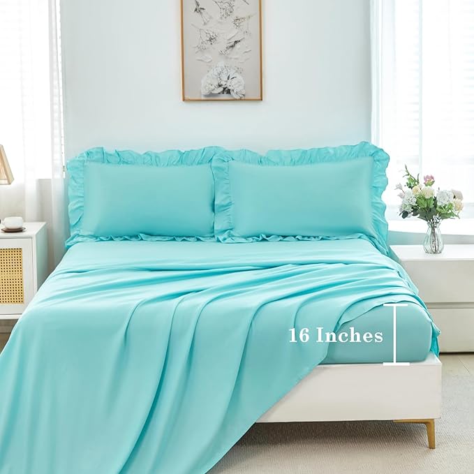 ANGIYUIN 5 Pieces Full Size Bed in A Bag Aqua Blue Ruffle Comforter Sets for Kids Teens Solid Elegance Bedding Sets Soft Lightweight Bedding Comforter Sets(Aqua Blue Full)